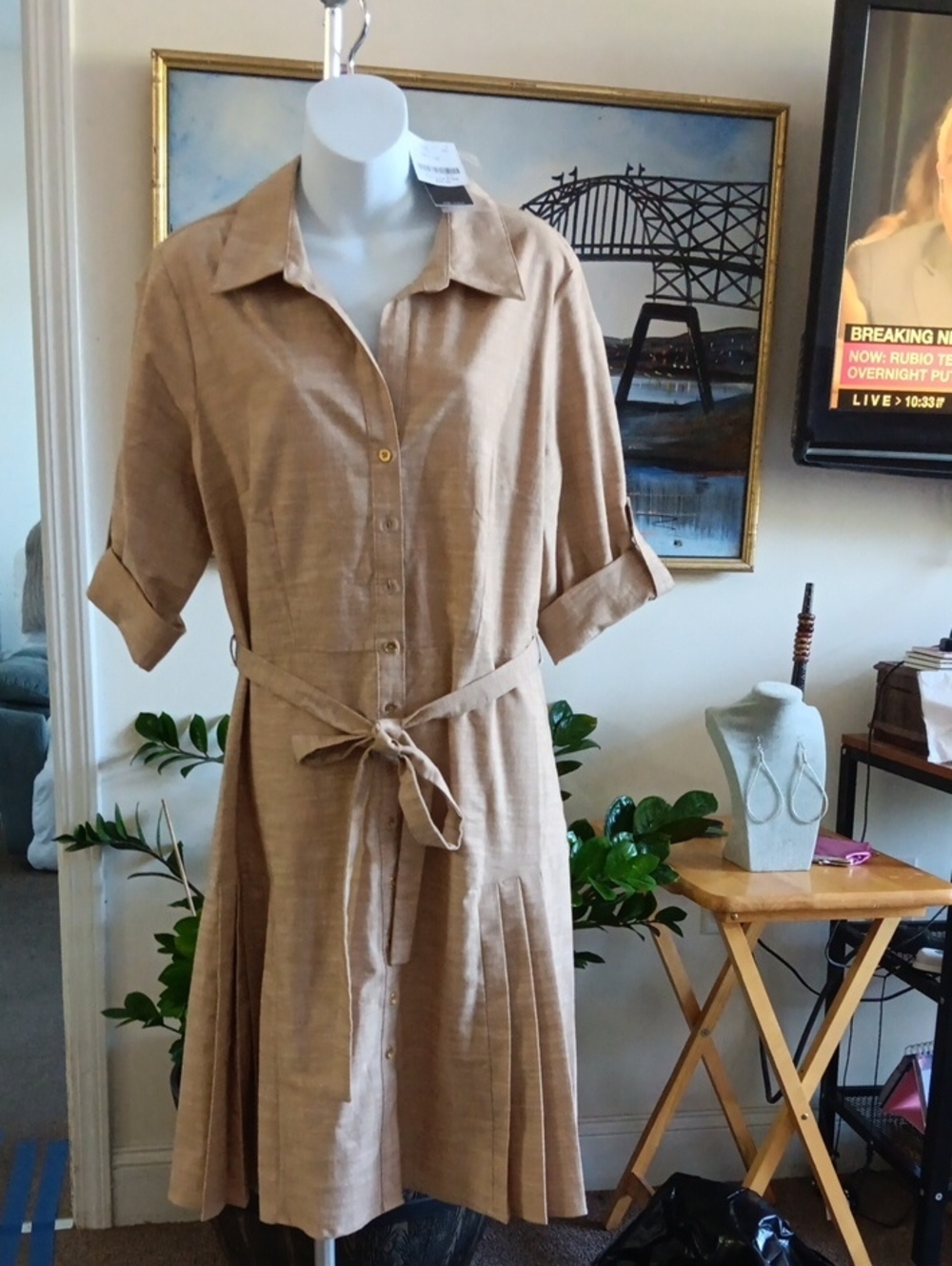 Sharagano Tan Button-Front Midi Shirt Dress with Tie Waist